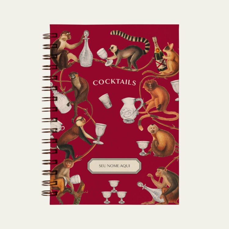 Capa de Caderno de Receitas Cocktails Bordo com ilustração de macacos