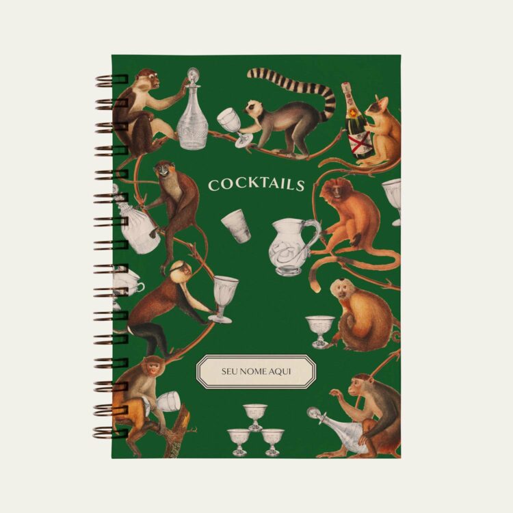 Capa de Caderno de Receitas Cocktails Verde Escuro com ilustração de macacos