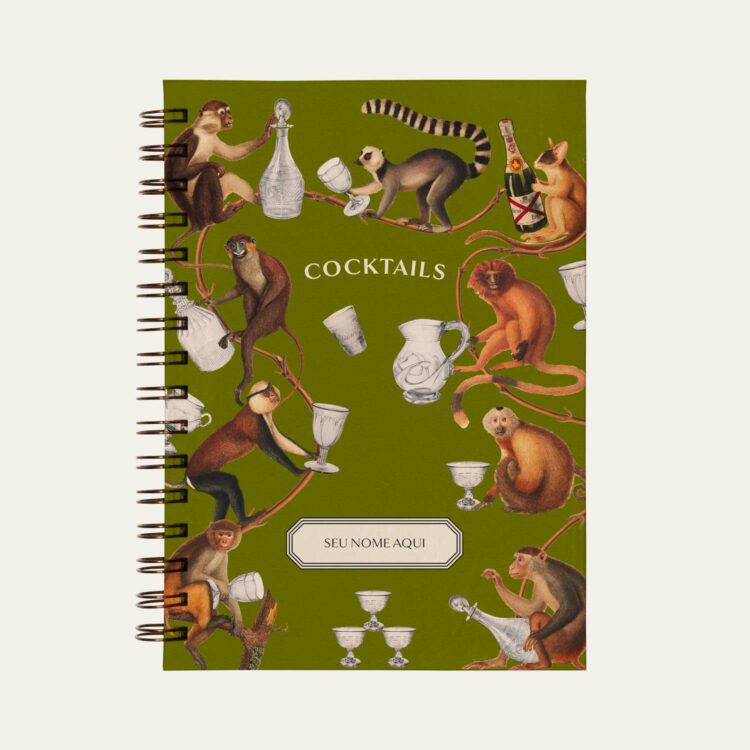 Capa de Caderno de Receitas Cocktails Verde Oliva com ilustração de macacos