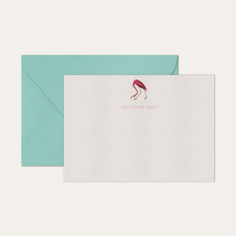 Papel de carta personalizado com ilustração de flamingo e envelope azul tiffany