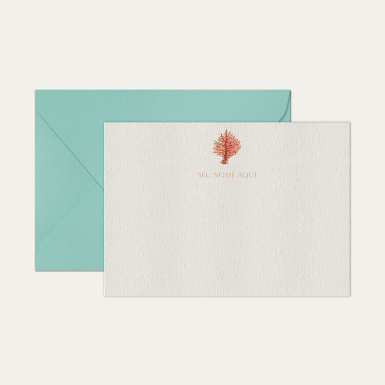 Papel de carta personalizado com ilustração de coral e envelope azul tiffany de alta qualidade