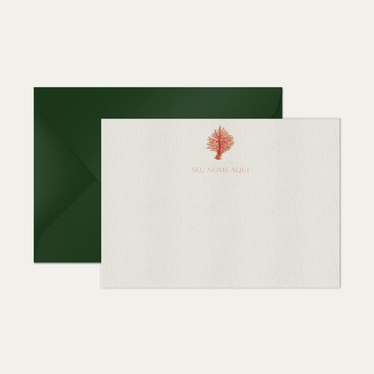 Papel de carta personalizado com ilustração de coral e envelope verde escurode alta qualidade