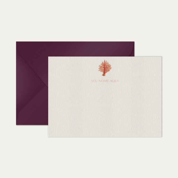 Papel de carta personalizado com ilustração de coral e envelope vinho de alta qualidade