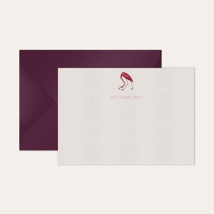 Papel de carta personalizado com ilustração de flamingo e envelope vinho de alta qualidade