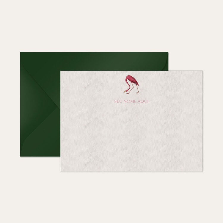 Papel de carta personalizado com ilustração de flamingo e envelope verde escuro de alta qualidade