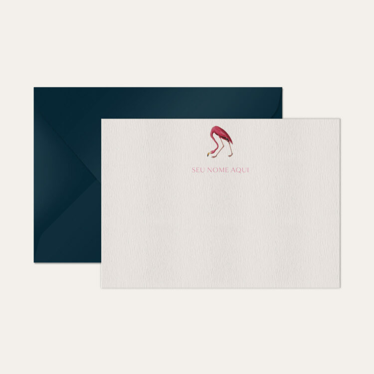 Papel de carta personalizado com ilustração de flamingo e envelope azul marinho de alta qualidade