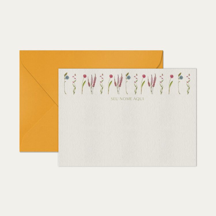 Papel de carta personalizado com ilustração de flores e envelope amarelo de alta qualidade