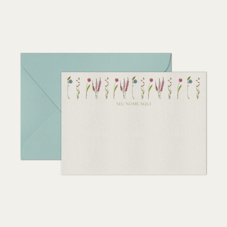 Papel de carta personalizado com ilustração de flores e envelope azul bebe de alta qualidade