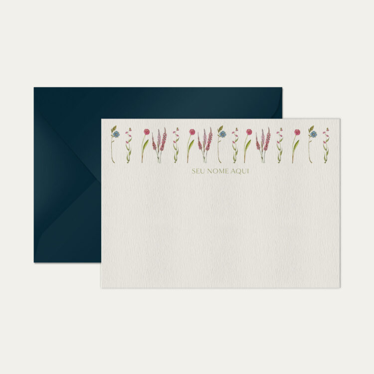 Papel de carta personalizado com ilustração de flores e envelope azul marinho de alta qualidade