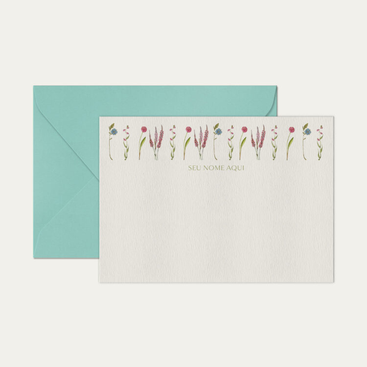 Papel de carta personalizado com ilustração de flores e envelope azul tiffany de alta qualidade