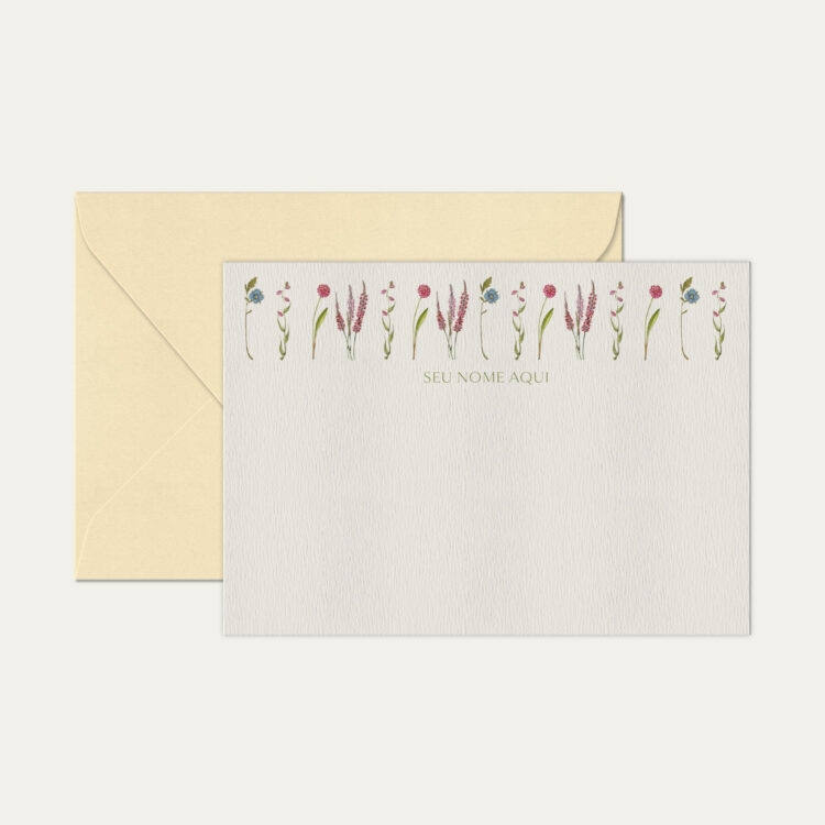 Papel de carta personalizado com ilustração de flores e envelope bege de alta qualidade