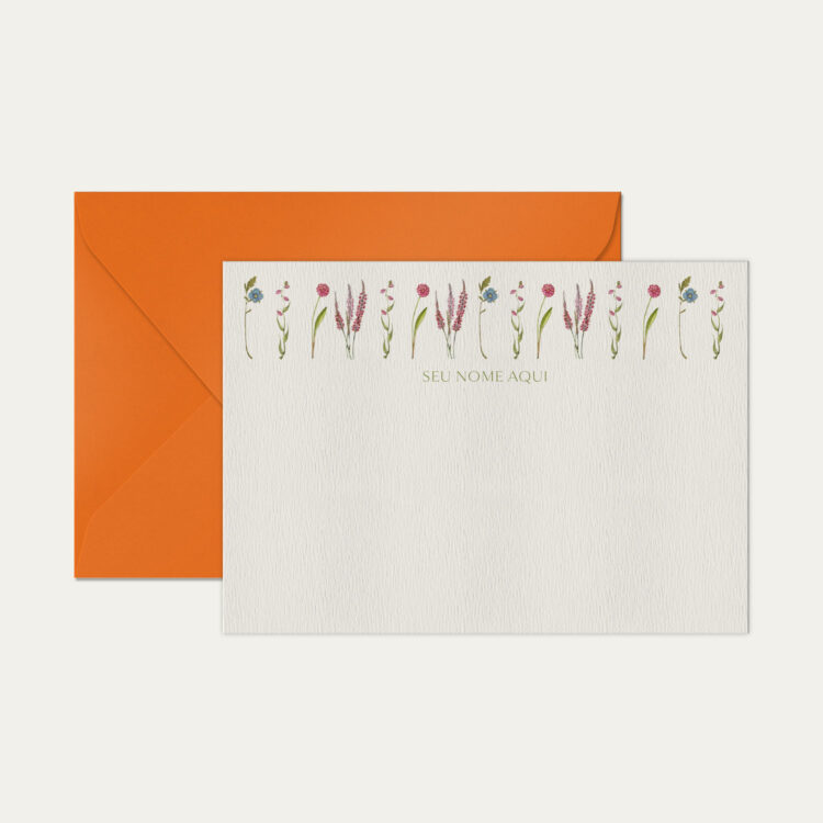 Papel de carta personalizado com ilustração de flores e envelope laranja de alta qualidade