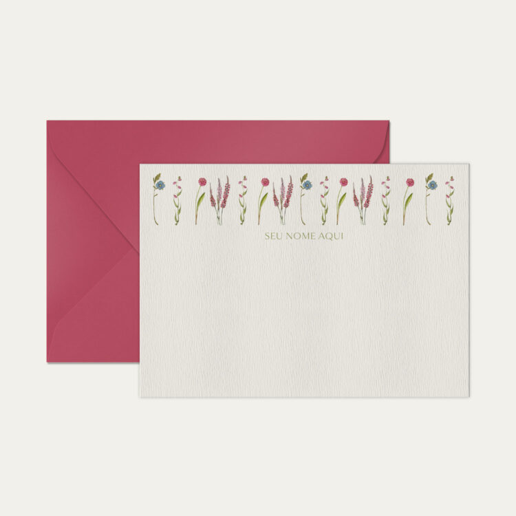 Papel de carta personalizado com ilustração de flores e envelope rosa pink de alta qualidade