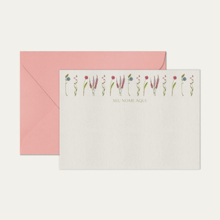 Papel de carta personalizado com ilustração de flores e envelope rosa bebe de alta qualidade