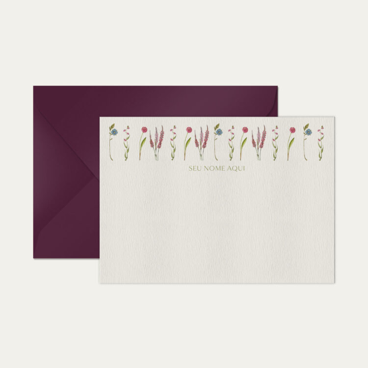 Papel de carta personalizado com ilustração de flores e envelope vinho de alta qualidade