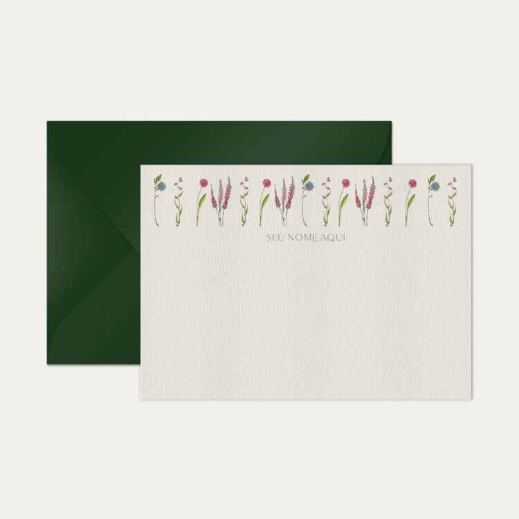 Papel de carta personalizado com ilustração de flores e envelope verde escuro de alta qualidade