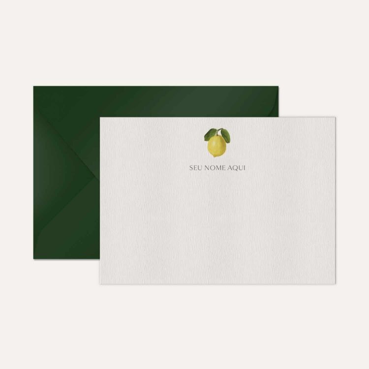 Papel de carta personalizado com ilustração de limão siciliano e envelope verde escuro de alta qualidade