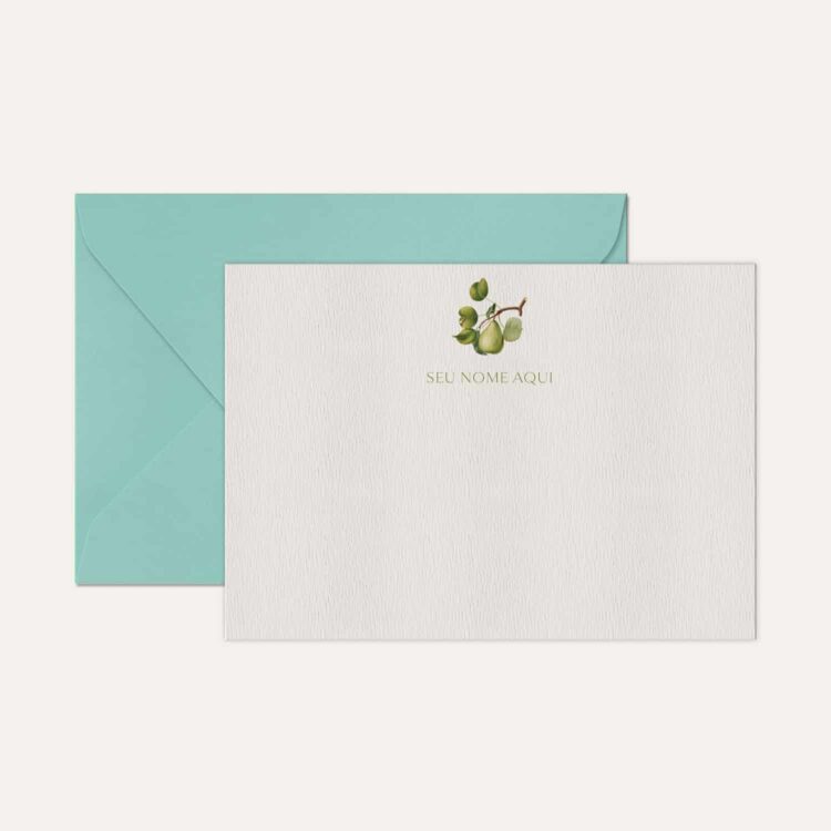 Papel de carta personalizado com ilustração de pera e envelope azul tiffany de alta qualidade