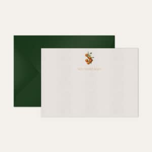 Papel de carta personalizado com ilustração de tangerina e envelope verde escuro