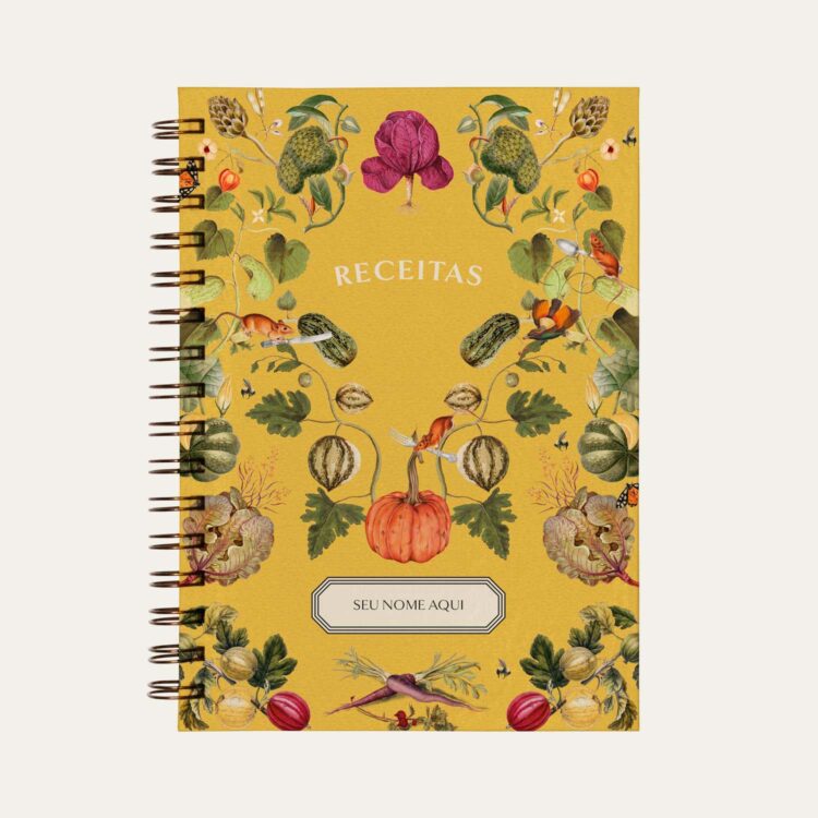 Capa de Caderno de Receitas Amarela com ilustração de horta