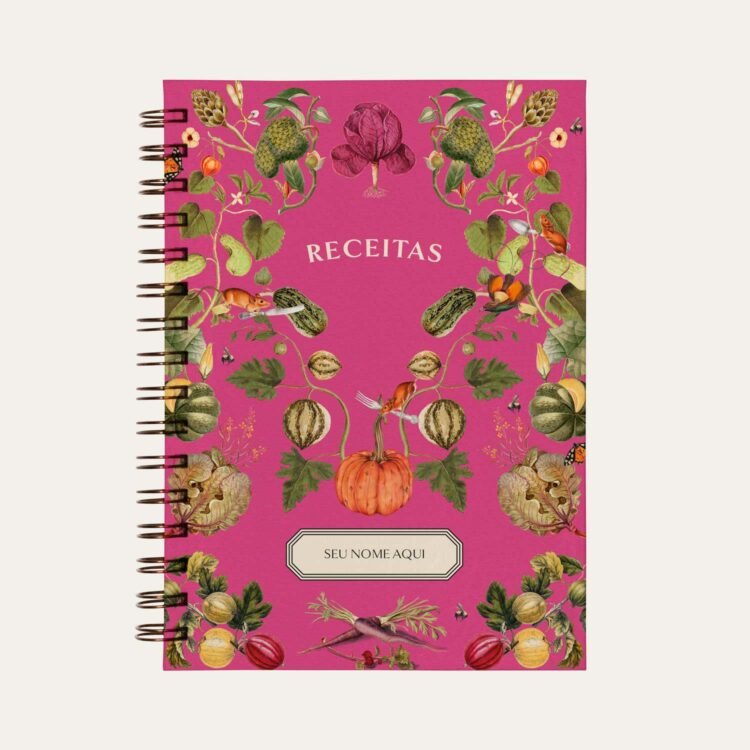 Capa de Caderno de Receitas Rosa com ilustração de horta