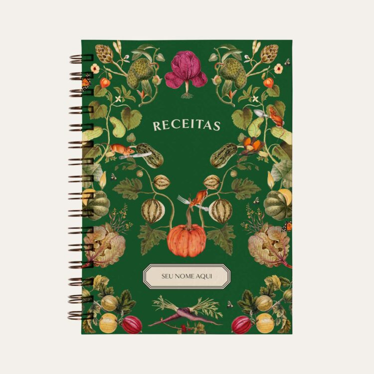 Capa de Caderno de Receitas Verde Escuro com ilustração de horta