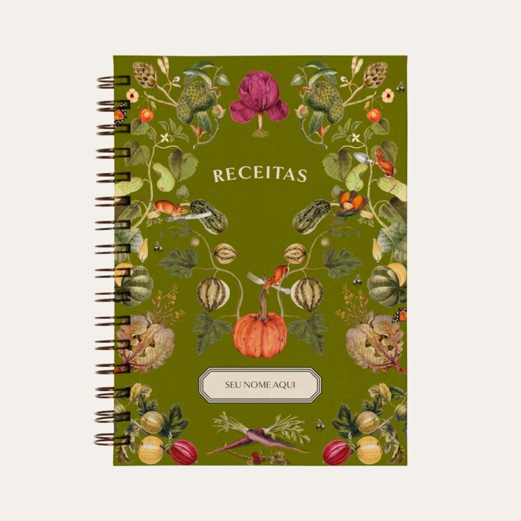 Capa de Caderno de Receitas Verde Oliva com ilustração de horta