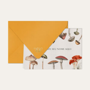 Papel de carta personalizado com ilustração de cogumelos e envelope amarelo