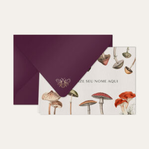Papel de carta personalizado com ilustração de cogumelos e envelope vinho