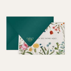 Papel de carta personalizado com ilustração de jardim de flores e envelope azul petróleo
