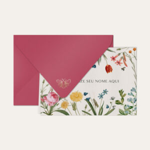 Papel de carta personalizado com ilustração de jardim de flores e envelope pink