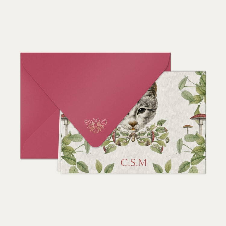 Papel de carta personalizado com ilustração de gatinho com cogumelo e envelope pink