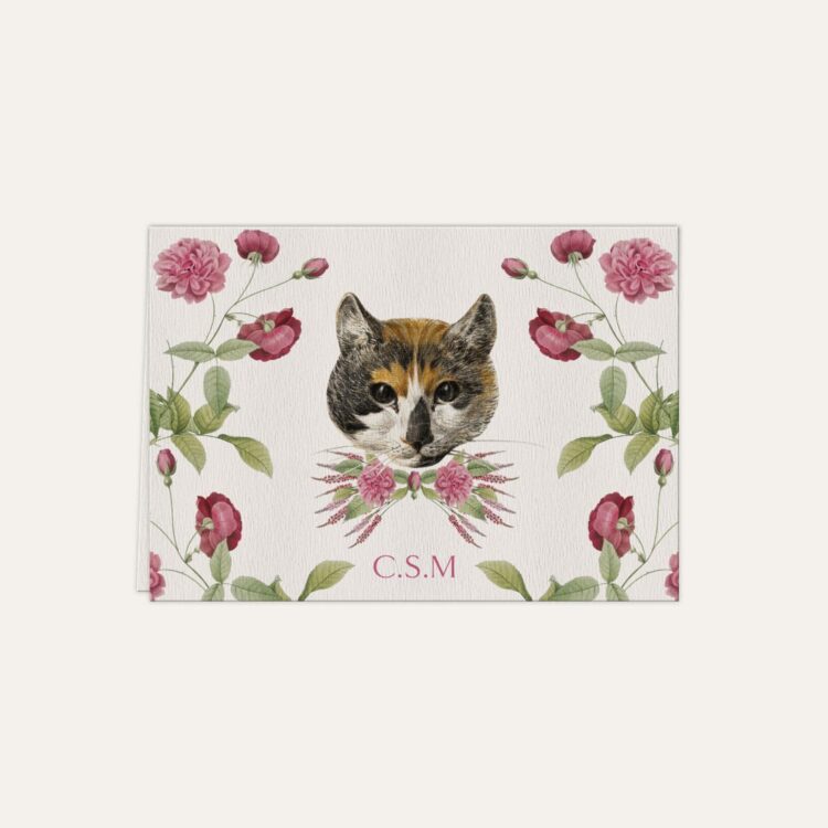 Papel de carta personalizado com desenho de gato com flores e envelope colorido