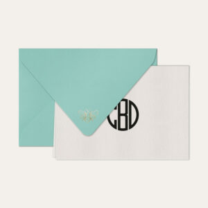 Papel de carta personalizado com monograma gatsby em preto e envelope azul tiffany