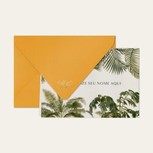 Papel de carta personalizado com ilustração de palmeiras e envelope amrelo