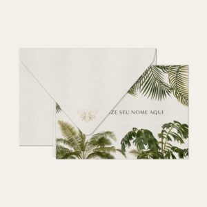Papel de carta personalizado com ilustração de palmeiras e envelope branco