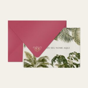 Papel de carta personalizado com ilustração de palmeiras e envelope pink