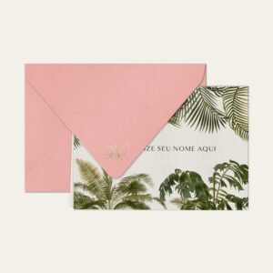Papel de carta personalizado com ilustração de palmeiras e envelope rosa bebe