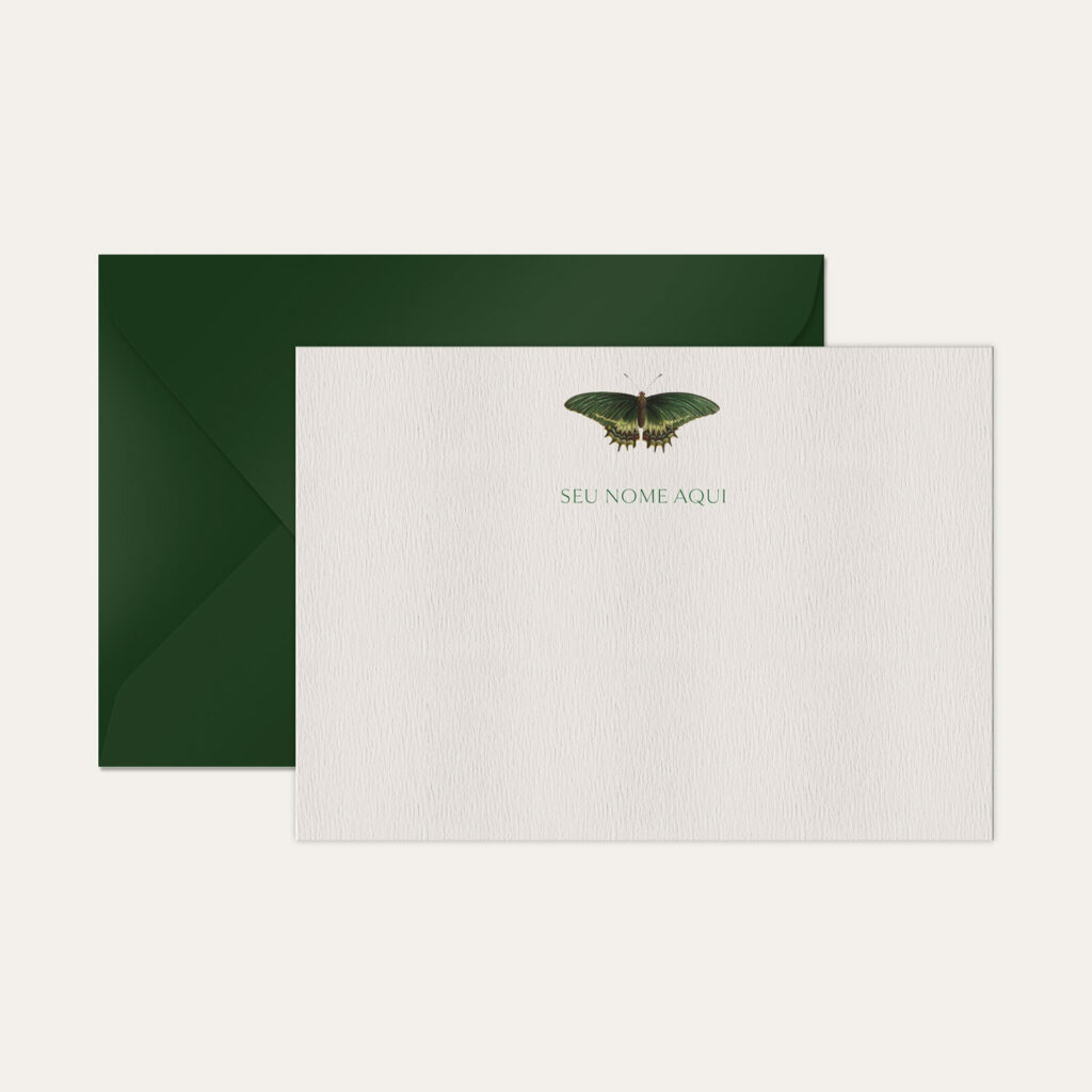 Papel de carta personalizado com ilustração de borboleta e envelope verde escuro de alta qualidade