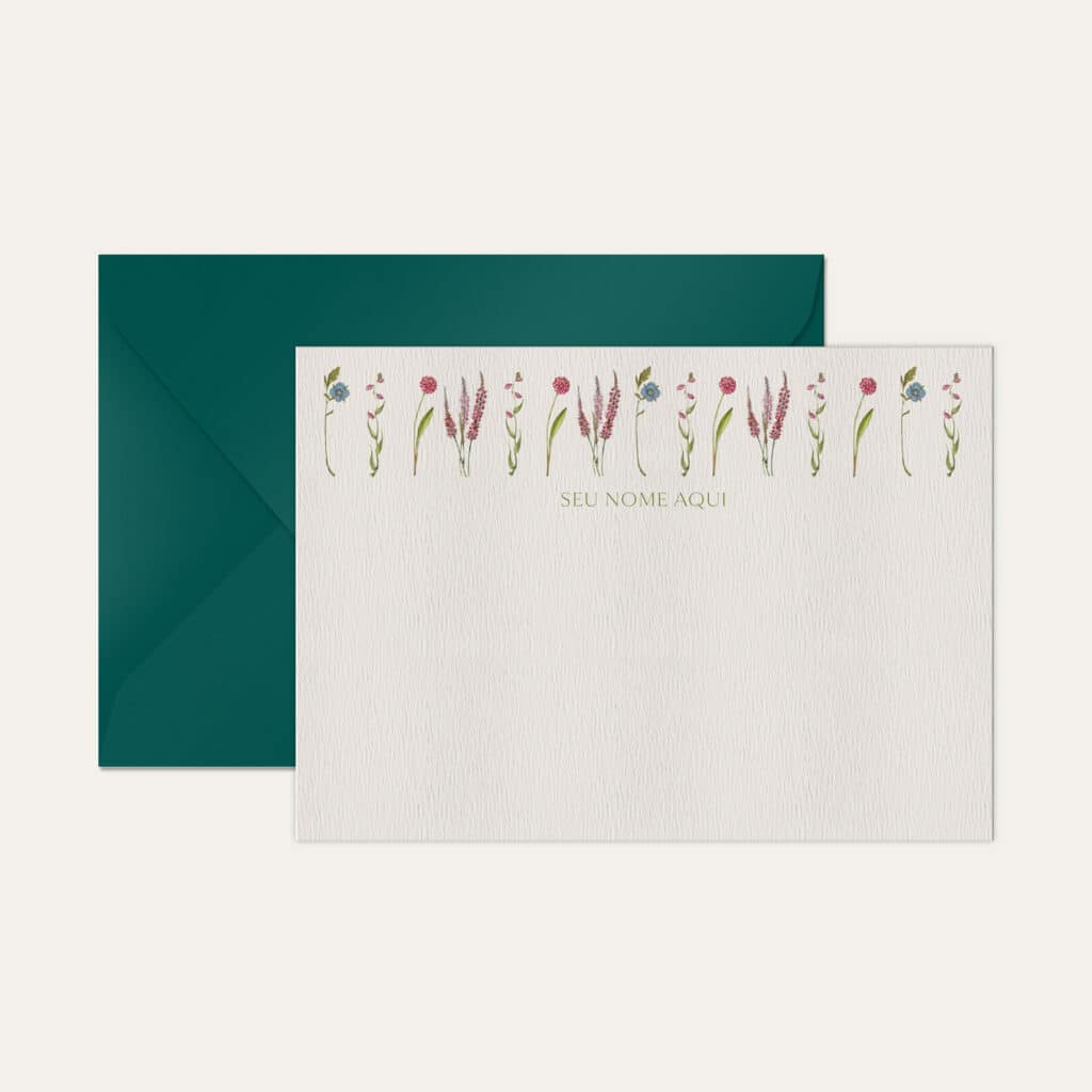 Papel de carta personalizado com ilustração de flores e envelope azul petróleo de alta qualidade