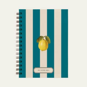 Planner personalizado A5 listrado, azul e branco com ilustração de limão siciliano