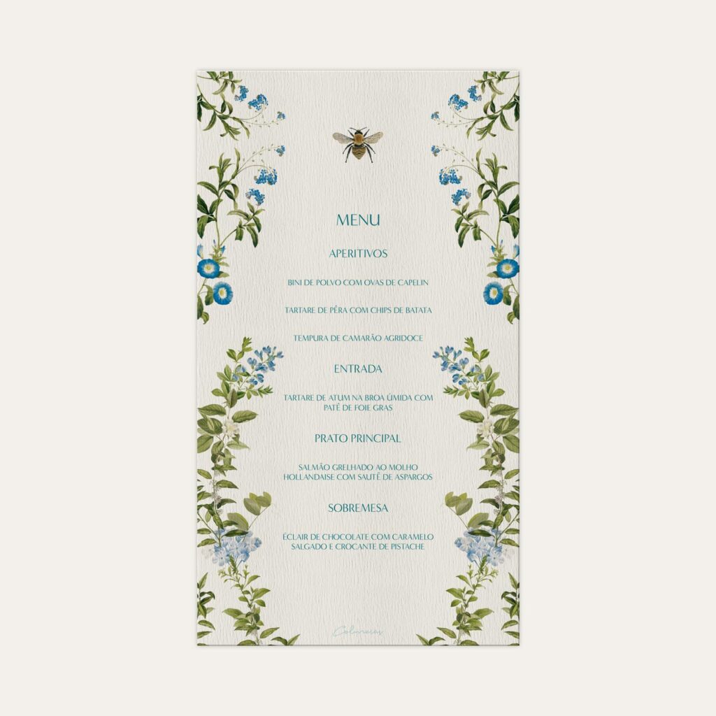 Menu personalizado para eventos, decorado com flores azuis