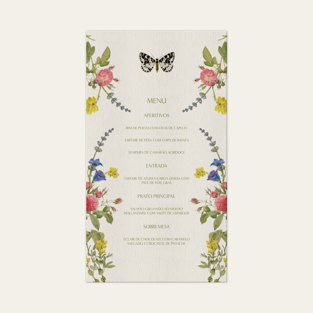 Menu personalizado para eventos, decorado com flores coloridas