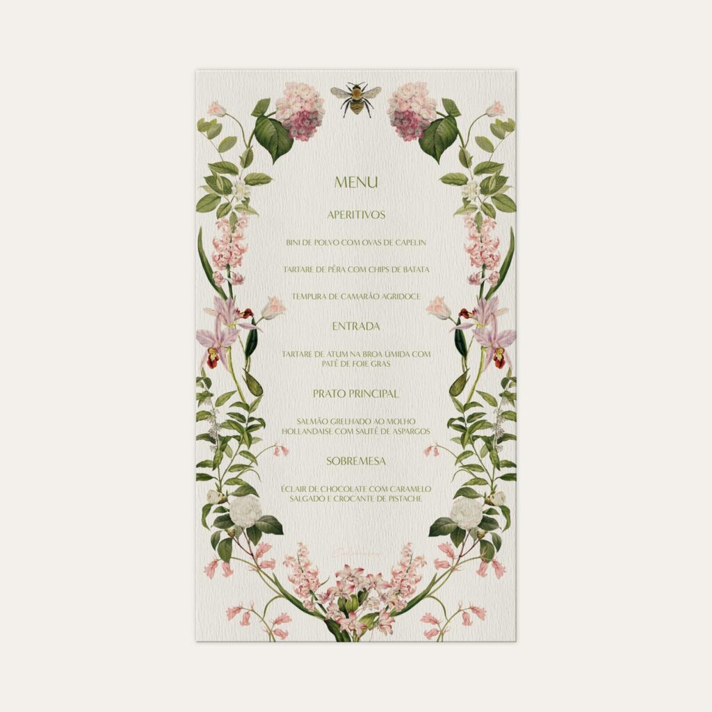 Menu personalizado para eventos, decorado com flores rosas