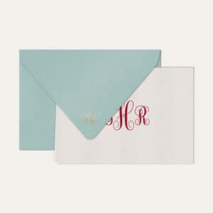 Papel de carta personalizado com monograma calligraphy em bordo e envelope azul bebe