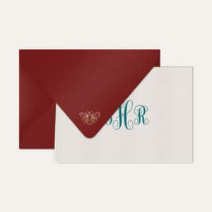 Papel de carta personalizado com monograma calligraphy em azul petróleo e envelope bordo