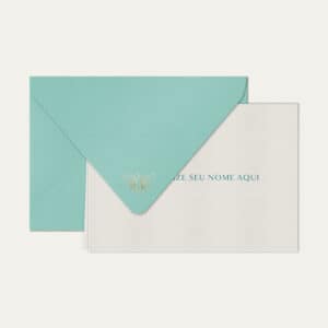 Papel de carta personalizado com nome clássico em azul petróleo e envelope azul tiffany