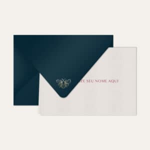 Papel de carta personalizado com nome clássico em bordo e envelope azul marinho