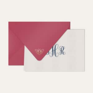 Papel de carta personalizado com monograma calligraphy em azul marinho e envelope pink