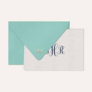 Papel de carta personalizado com monograma calligraphy em azul marinho e envelope azul tiffany